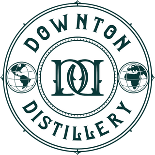 Logo of Downton Distillery with a central monogram and world map symbols.