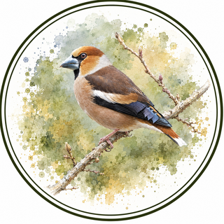 A circular watercolor-style illustration of a hawfin bird perched on a branch, with a soft green and yellow painted background and dark border lines.