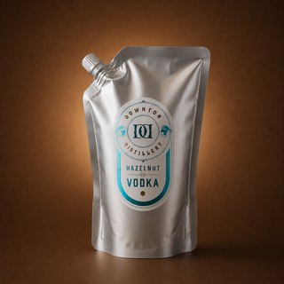 A silver stand-up pouch of Hazelnut Vodka, featuring a white and teal label, set against a warm brown gradient background.