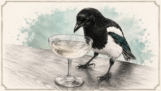Vintage-style illustration of a magpie bird standing beside a stemmed coupe glass on a wooden surface, with a soft watercolor background and decorative border.