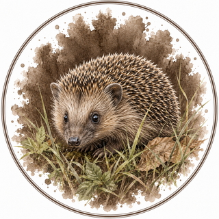 A circular illustration of a hedgehog sitting in grass, surrounded by brown watercolor splashes and a thin circular border on a white background.