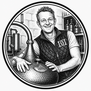 Black and white illustration of a man holding a large metal still with 'Downton' branding, set against a brick wall background.