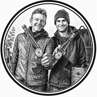 Two men holding bottles with a circular border and vintage-style illustration.