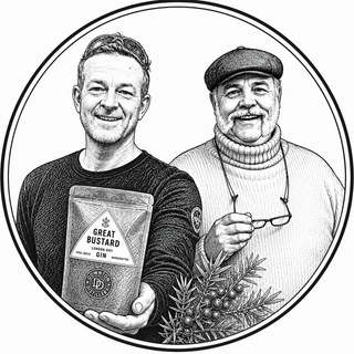 Illustration of two men with a bottle of 'Great Bustard' gin and botanicals.