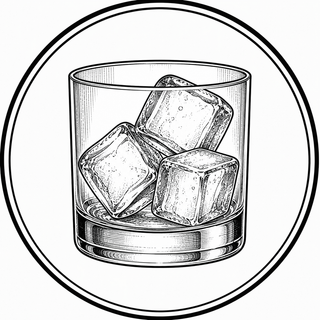 Illustration of a glass with ice cubes inside a circular border