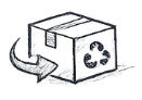 Recycling symbol with a box and arrow indicating waste disposal.