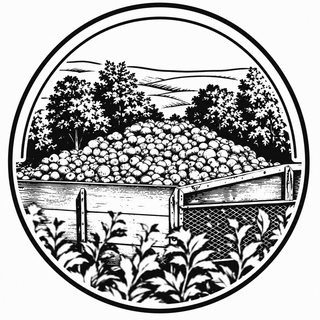 Circular illustration of a wooden crate filled with apples surrounded by trees and plants.