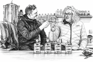 Two men in a bar setting with 'The James' bottles on the counter.