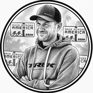 Black and white illustration of a person wearing a cap and hoodie with 'Race Across America' and 'TRUK' branding.