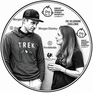 Black and white circular image of a man and woman with sponsor logos around them.
