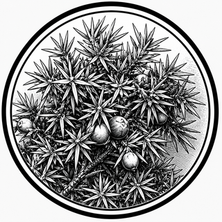 Black and white illustration of juniper berries and branches in a circular frame