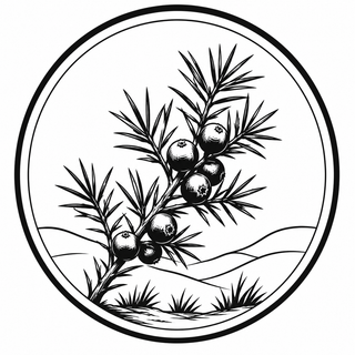 Black and white illustration of a branch with berries in a circular frame