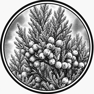 Black and white illustration of a plant with berries in a circular frame