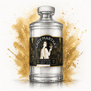 A clear glass bottle of Lady Martha's London Dry Gin with a black and gold label, set against a white background with gold paint splatters.