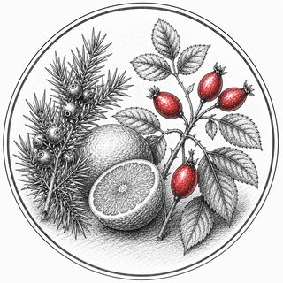 A circular botanical illustration featuring a sliced orange, a whole citrus fruit, a branch with red rose hips, and pine needles, rendered in black and white with selective red accents on a white background.
