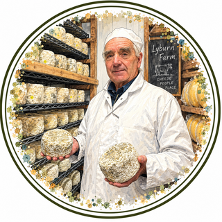 A circular illustration of a man in a white lab coat and hat holding two rough, round cheeses in a cheese cellar with shelves of cheese wheels and a chalkboard that reads 'Lyburn Farm Cheese People Place.'.