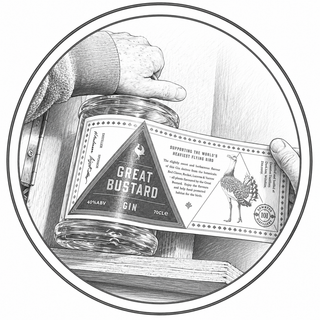 Illustration of a hand holding a bottle labeled 'Great Bustard Gin' with a detailed label.