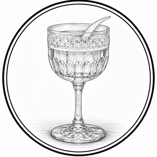 Detailed line drawing of a decorative glass with a spoon on a white background