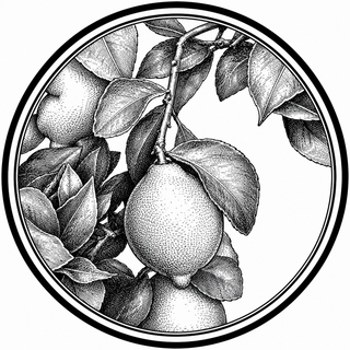 Black and white illustration of lemons on a branch with leaves in a circular frame.
