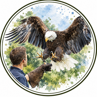 A circular watercolor-style illustration showing a bald eagle with spread wings facing a person in a blue shirt and brown leather glove, set against a green and blue painted background with splatter details.