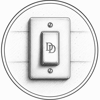 Illustration of a light switch with a logo on a wooden background