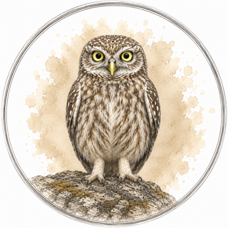 A circular art print or medallion featuring a detailed illustration of a small owl perched on a rock, with a watercolor-style beige background and a thin metallic-looking circular border.