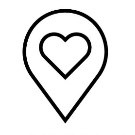 Map marker with a heart symbol inside on a white background