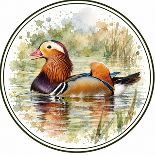 A circular watercolor-style illustration of a mandarin duck swimming in reflective water, with reeds and a soft painted landscape in the background. The duck has orange, brown, purple, white, and black coloring, and the scene is framed by a thin dark circular border on a white background.