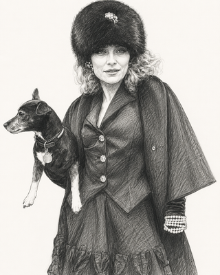 A black and white pencil sketch of a woman wearing a dark fur hat and a dark coat, holding a small black and white dog, on a plain light background.