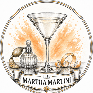 A circular illustrated emblem featuring a martini glass, a perfume bottle, a citrus peel, and a banner reading “THE MARTHA MARTINI,” rendered in black line art with warm beige and orange wash on a white background.