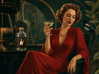 A woman in a flowing red dress sits in a dark, elegant room holding a martini glass. A bottle labeled 'The Marigold' and a small bird are visible beside her, with decorative lamps and foliage in the background.