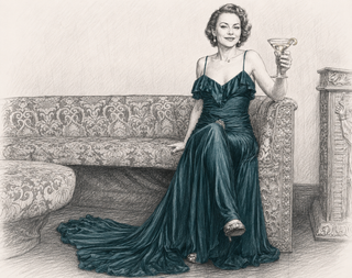 A vintage-style pencil sketch illustration of a woman seated on an ornate sofa, wearing a long dark teal evening gown and holding a goblet. The scene includes a patterned armchair, a pedestal, and a floor, rendered in a monochrome sketch with a colored teal highlight on the dress.