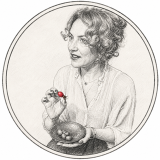 A circular black-and-white sketch-style illustration of a woman holding a small bowl of berries and reaching toward a single red berry in her hand, set against a plain light background.