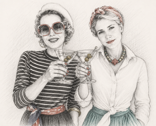 A vintage-style pencil sketch illustration of two women clinking martini glasses. The woman on the left wears a white beret, oversized square sunglasses, a black-and-white striped top, and a coral-red belt.