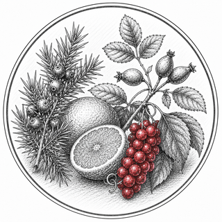 A circular botanical illustration featuring a whole and halved orange, red berries, pine branches, and rose hips in black and white line art with one orange and berry cluster highlighted in red, on a white background.