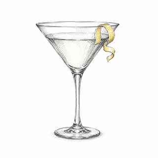 A hand-drawn sketch of a martini glass filled with a clear liquid and garnished with a curled lemon peel, isolated on a white background.