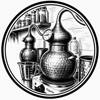 Illustration of a copper still and distilling equipment with 'Elgento' branding.