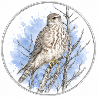A circular illustration of a brown and cream speckled bird of prey perched on bare branches against a light blue watercolor splash background, framed by a thin silver-toned oval border on a white field.