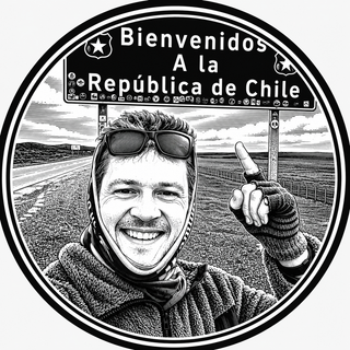Circular image with a person wearing sunglasses and a balaclava, with text 'Bienvenidos A la República de Chile' in the background.