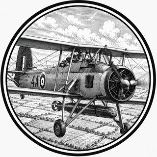 Black and white illustration of a vintage biplane on a runway with a circular border.