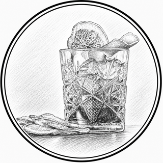 Illustration of a cocktail glass with ice and lime garnish on a textured background