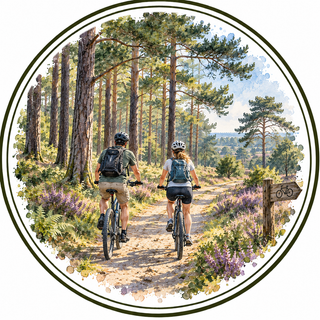 A circular watercolor-style illustration showing two people riding bicycles along a forest trail, surrounded by tall pine trees, purple wildflowers, and a wooden signpost. The artwork is centered on a white background with a thin dark circular border.