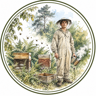 A circular watercolor-style illustration of a beekeeper standing outdoors among beehives, plants, trees, and flying bees, wearing a light beige protective coverall and veil. The artwork is framed by a thin double-line circle on a white background.
