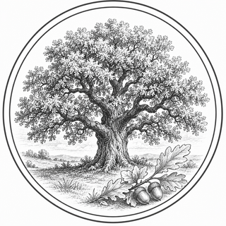 Black and white illustration of an oak tree with acorns and leaves.