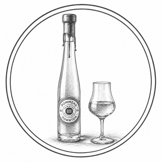 Illustration of a bottle and glass with 'Pommeau Downton' branding.