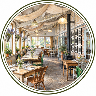 A circular framed photograph showcasing a rustic, cozy indoor dining room with wooden tables, chairs, hanging string lights, potted lavender, and a brick wall with framed pictures.