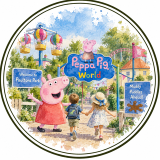 A circular watercolor-style illustration featuring Peppa Pig and two children entering Paultons Park, with a large 'Peppa Pig World' sign, colorful rides, trees, and a blue sky. The artwork is presented on a white background with a thin dark circular border.