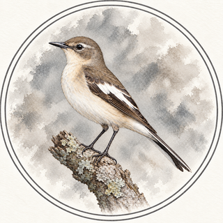 A watercolor-style illustration of a small brown and cream bird perched on a lichen-covered branch, centered inside a circular border on a light beige background.