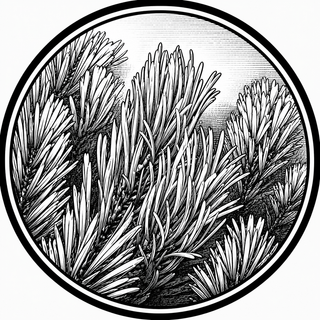 Black and white illustration of pine branches in a circular frame