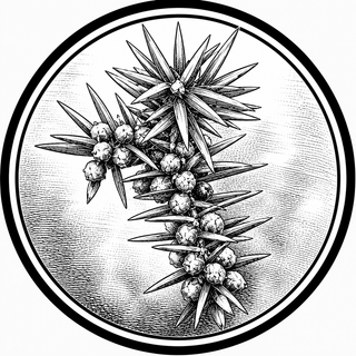 Black and white illustration of a plant with spiky leaves and berries inside a circular border.
